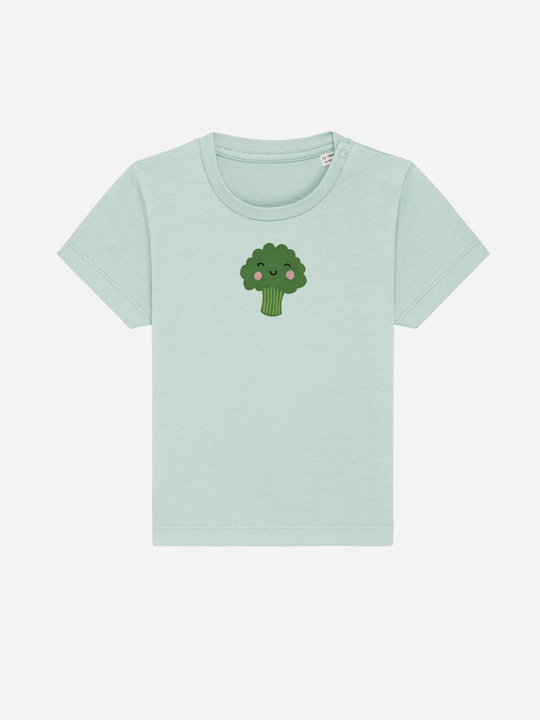 Personalisierbares Bio-T-Shirt (0–3 J.) 'Brokkoli' für Veggiefans, mintgrün mit süßem Brokkoli-Motiv.