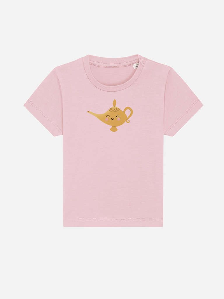 Personalisierbares pinkes Bio-T-Shirt für Babys mit einer goldenen Wunderlampe Grafik.