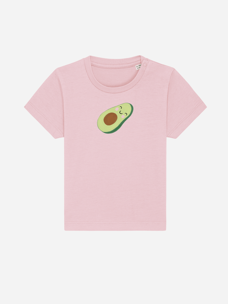 Personalisierbares Bio-T-Shirt für Babys in Rosa mit Avocado-Motiv, ideal für warme Tage.