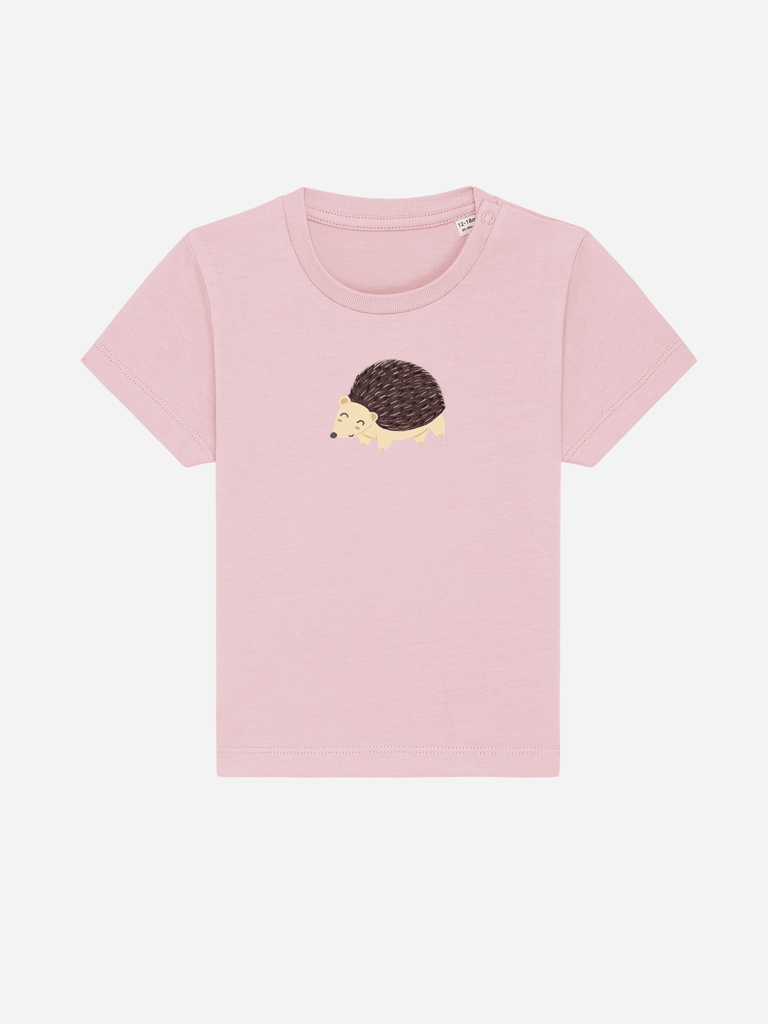 Personalisierbares Bio-T-Shirt für Babys in Rosa mit Igel-Motiv für Mädchen und Jungen.