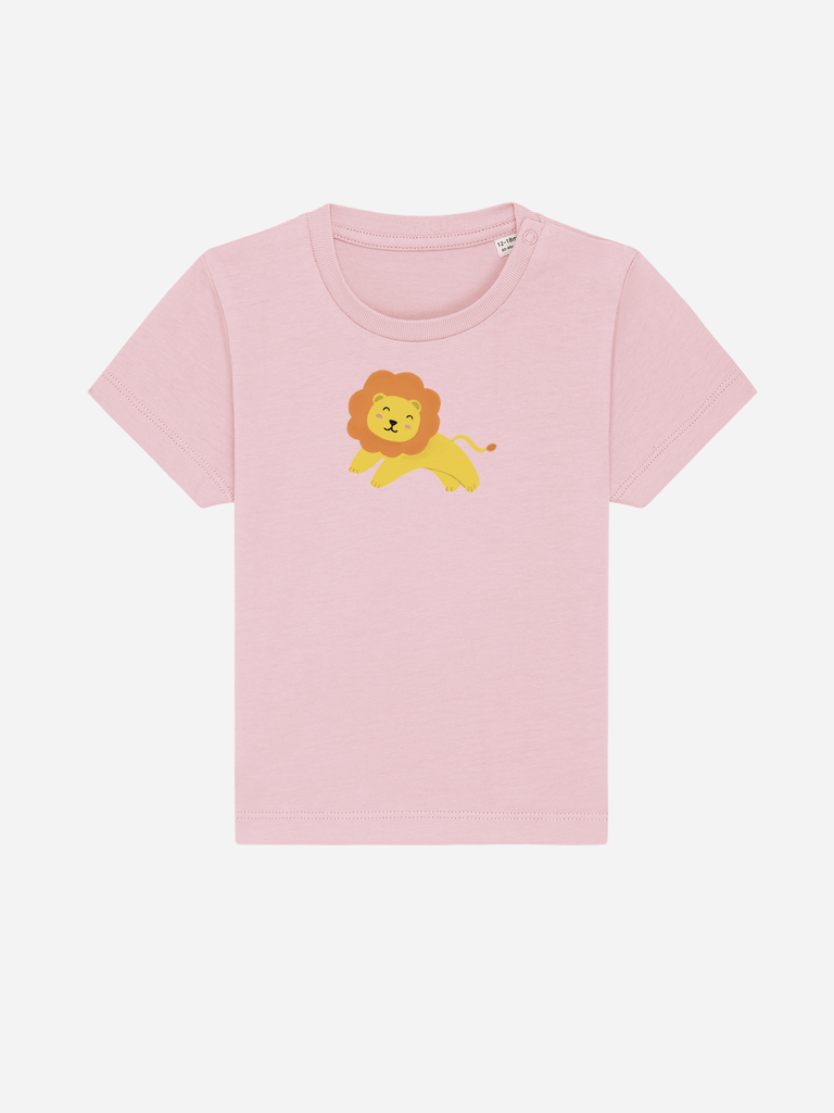 Personalisierbares Bio-T-Shirt für Kleinkinder mit Löwenmotiv in Pink, ideal als Baby-Geschenk.