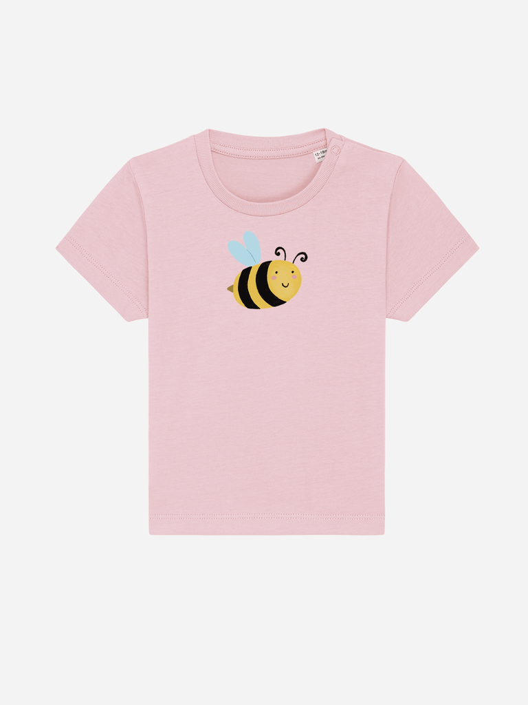 Personalisierbares Bio-T-Shirt (0–3 J.) 'Biene' in rosa mit einem fröhlichen Bienenmotiv.