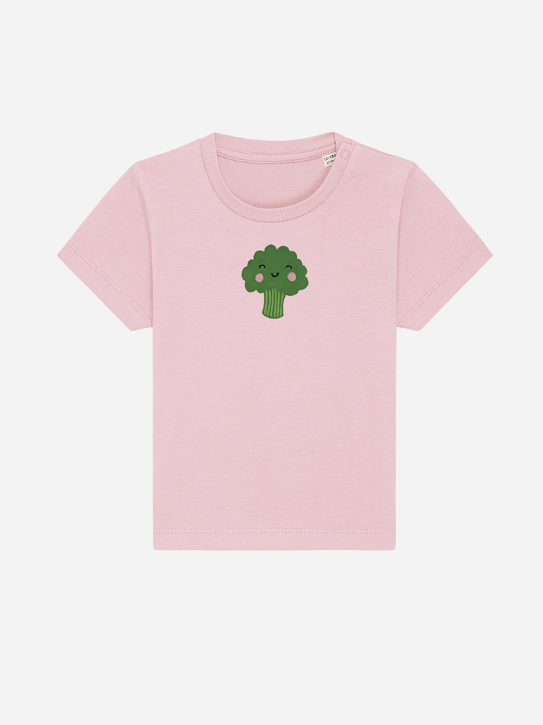 Personalisierbares Bio-T-Shirt (0–3 J.) 'Brokkoli' in Rosa mit grünem Brokkoli-Motiv für Veggiefans.