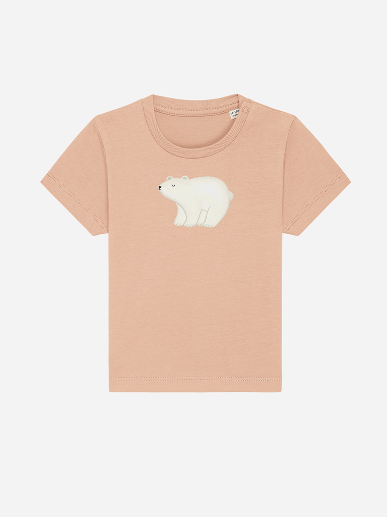 Personalisierbares Bio-T-Shirt für Kleinkinder mit Eisbär-Motiv in zartem Pfirsichton.