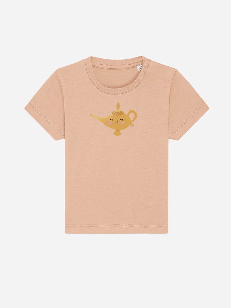 Personalisierbares Bio-T-Shirt für Kleinkinder mit 'Wunderlampe' Motiv, ideal als Sommergeschenk.