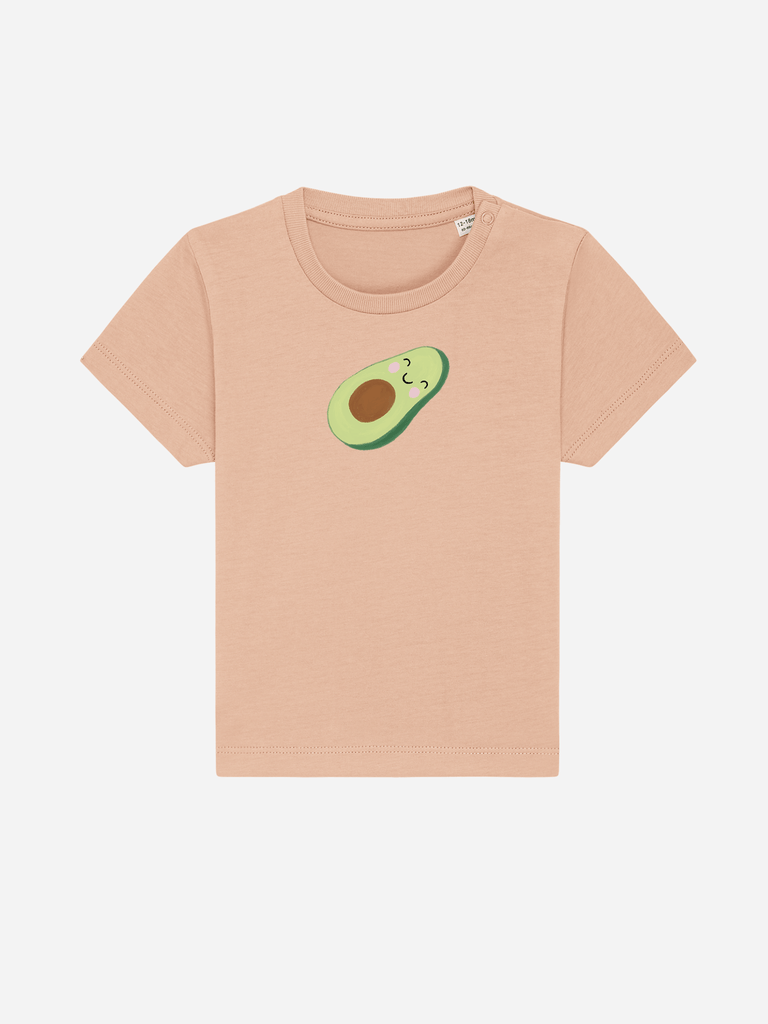 Personalisierbares Bio-T-Shirt für Babys mit lustigem Avocado-Motiv in sanften Farben.