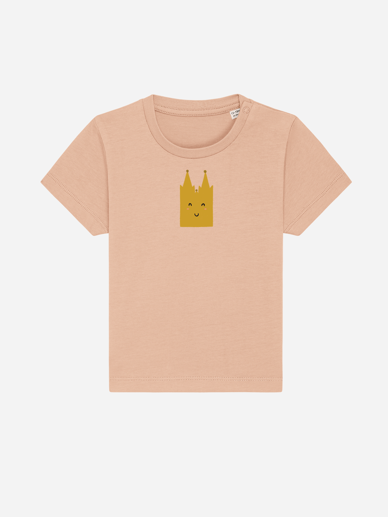 Personalisierbares Bio-T-Shirt für Kinder mit fröhlichem Kölner Dom-Motiv in sanftem Rosa.