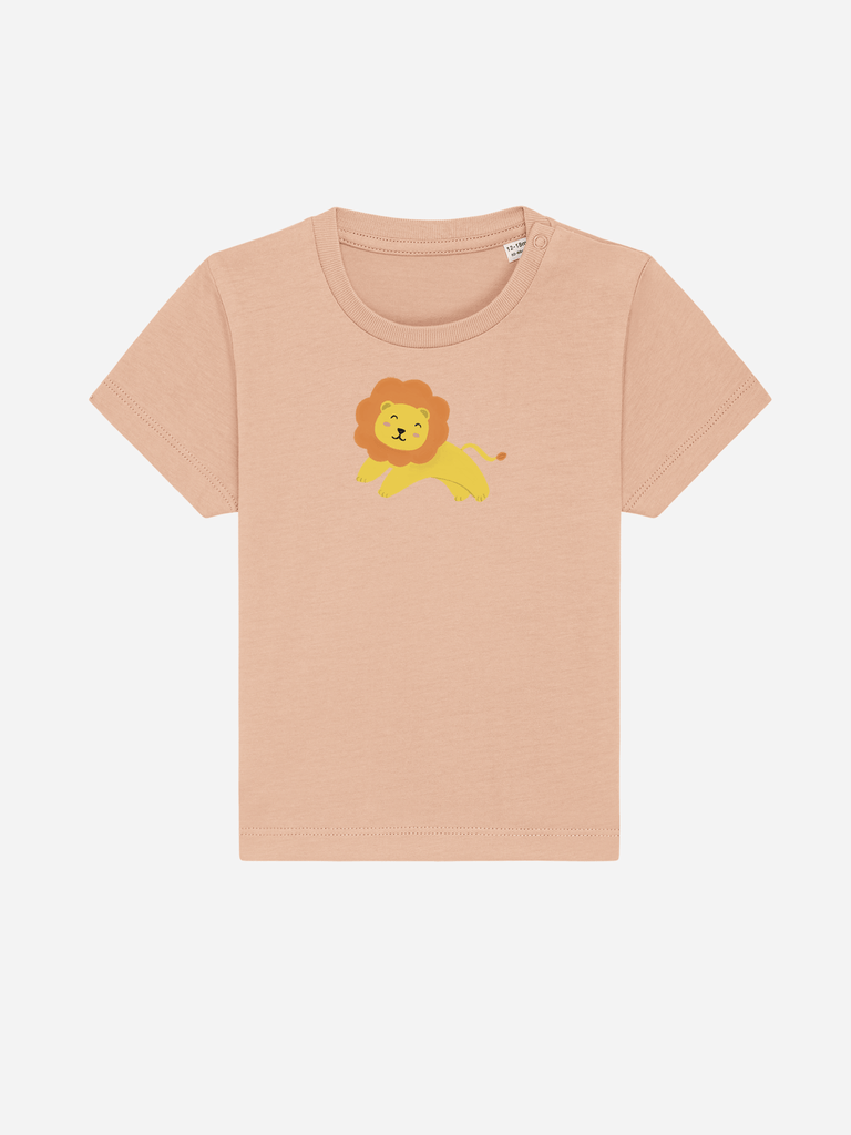 Bio-T-Shirt für Kleinkinder mit Löwenmotiv, personalisierbar für einzigartige Baby-Geschenke.