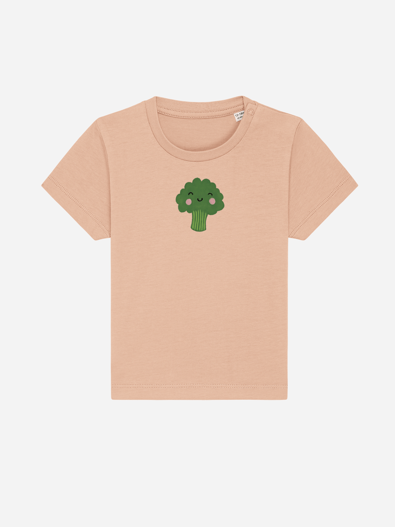 Personalisierbares Bio-T-Shirt (0–3 J.) 'Brokkoli' in sanftem Rosé für Veggiefans.