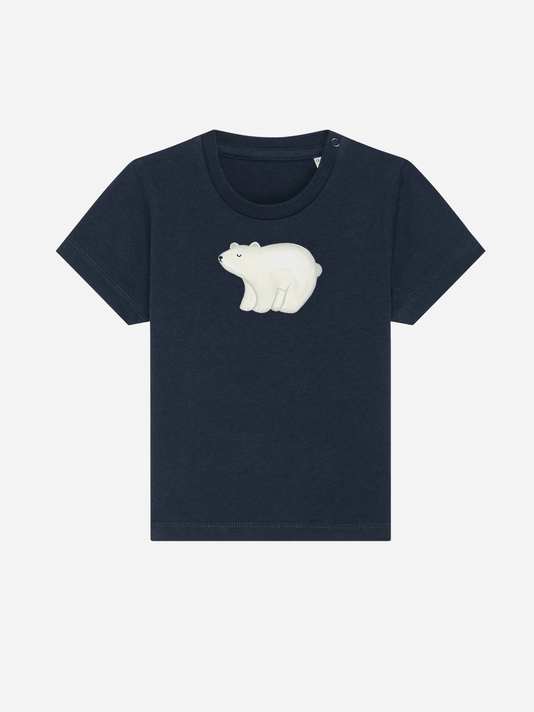 Personalisierbares Bio-T-Shirt für Kinder mit niedlichem Eisbären-Motiv in Navyblau.