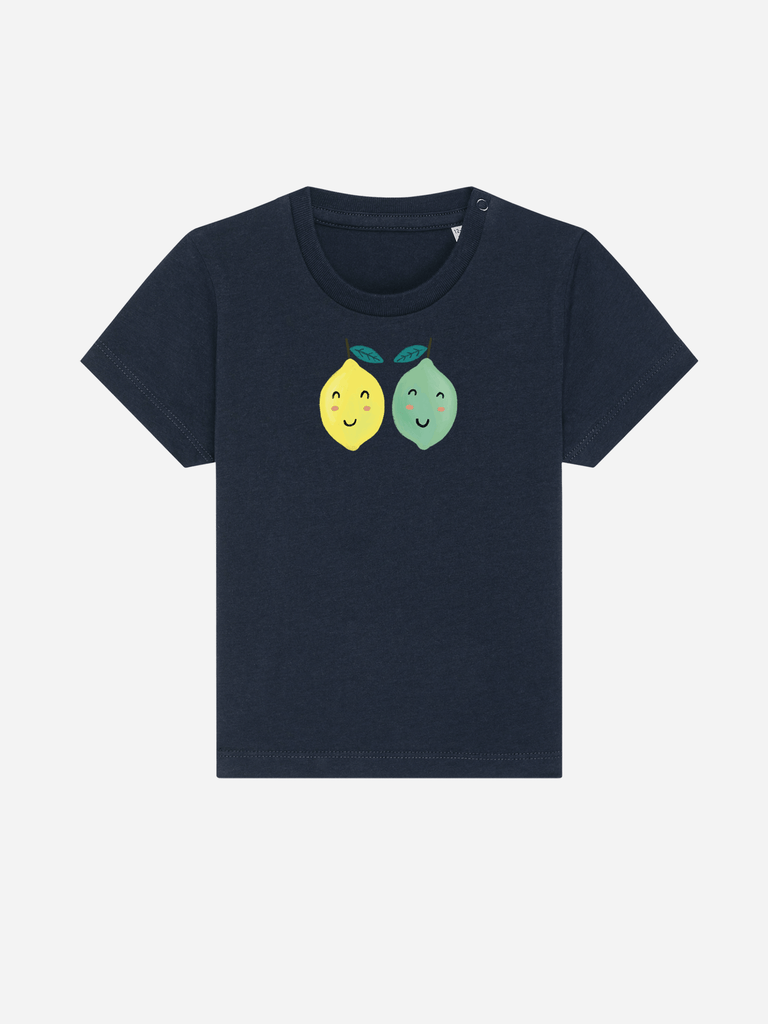 Bio-Kleinkind T-Shirt 'Zitrone/Limette' - personalisierbar Farbe: Marineblau Vorderansicht