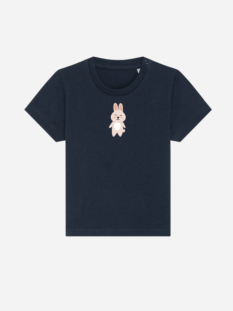Personalisierbares Bio-T-Shirt für Kinder (0-3 J.) mit fröhlichem Hase-Design, ideal als Geschenk zur Taufe oder Geburt.