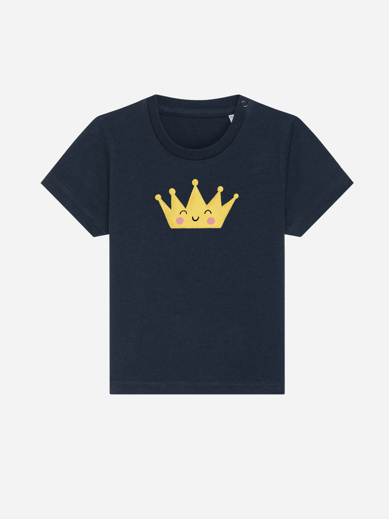 Personalisierbares Bio-T-Shirt für Kleinkinder mit gelber Krone auf dunklem Hintergrund