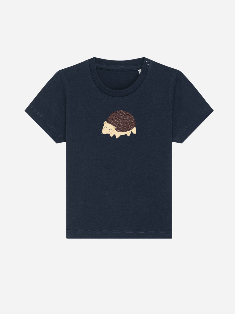 Personalisierbares Bio-T-Shirt für Kinder mit süßem Igel-Motiv, ideal als Babygeschenk für Mädchen und Jungen.