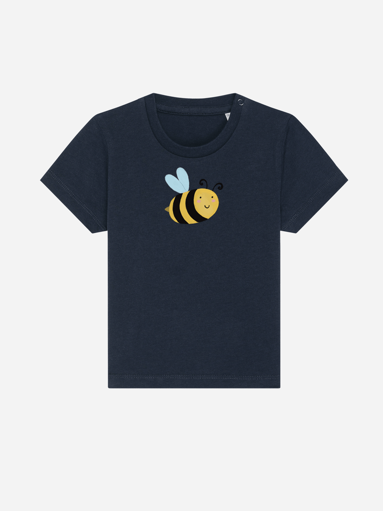 Personalisierbares Bio-T-Shirt (0–3 J.) 'Biene' in navy mit fröhlicher Bienenmotivik für den Kita-Start.