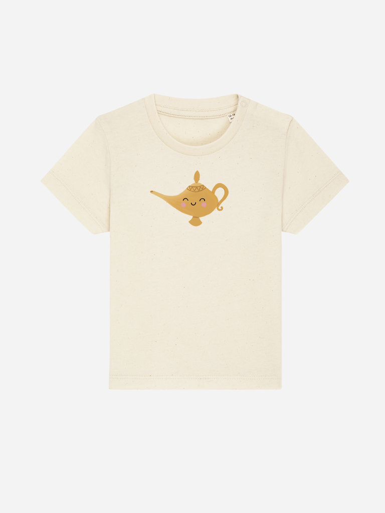 Bio-T-Shirt für Kinder mit fröhlicher, goldener Wunderlampe als Motiv – personalisierbar für ein einzigartiges Babygeschenk.