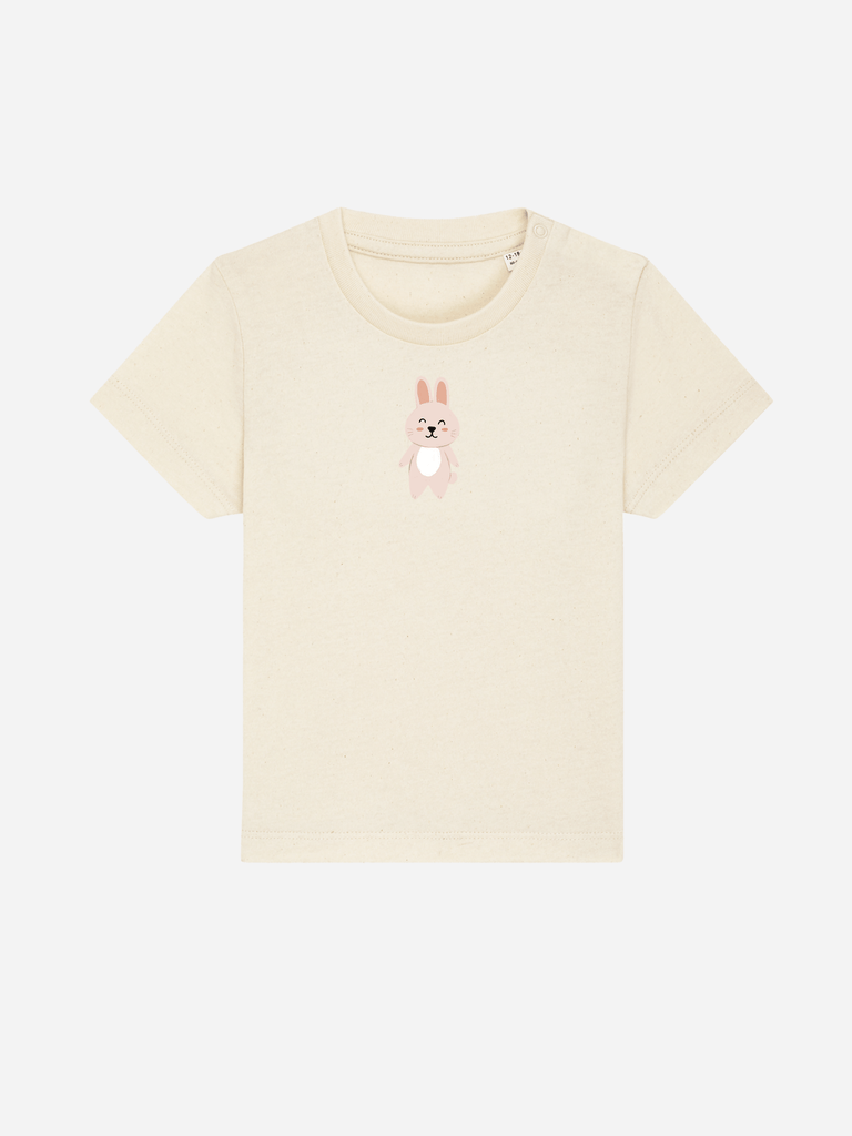 Personalisierbares Bio-T-Shirt für Kleinkinder mit niedlichem Hasen-Design, perfekt als Geschenk zur Taufe oder Geburt.
