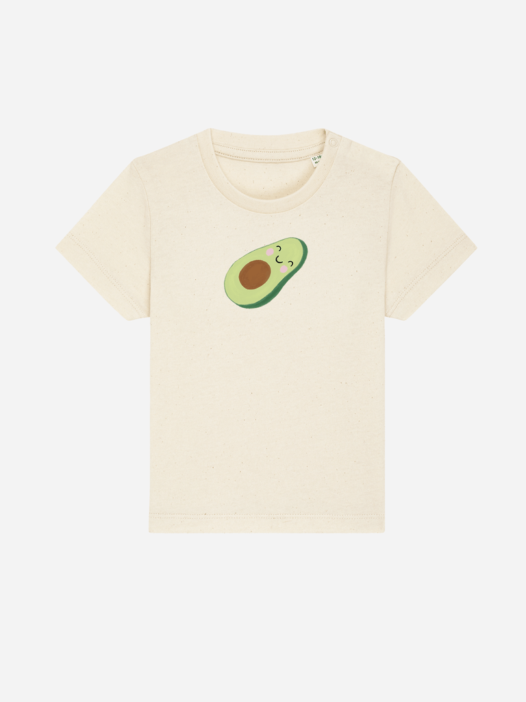 Personalisierbares Bio-T-Shirt für Babys mit fröhlichem Avocado-Motiv in hellem Beige.
