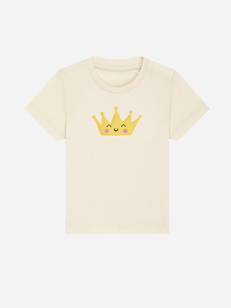 Personalisierbares Bio-T-Shirt für Kinder mit gelber Krone, ideal für Geburt oder Taufe.
