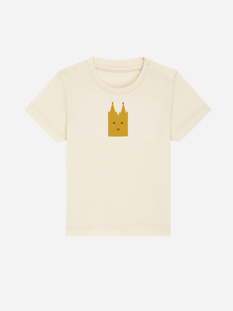 Personalisierbares Bio-T-Shirt für Kinder mit Kölner Dom-Motiv in beige, ideal für warme Sommertage.