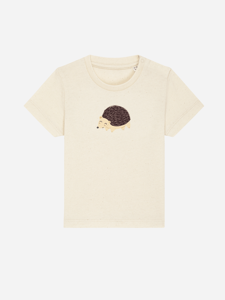 Personalisierbares Bio-T-Shirt für Babies mit niedlichem Igel-Motiv, ideal für Geschenke und Abenteuer im Freien.