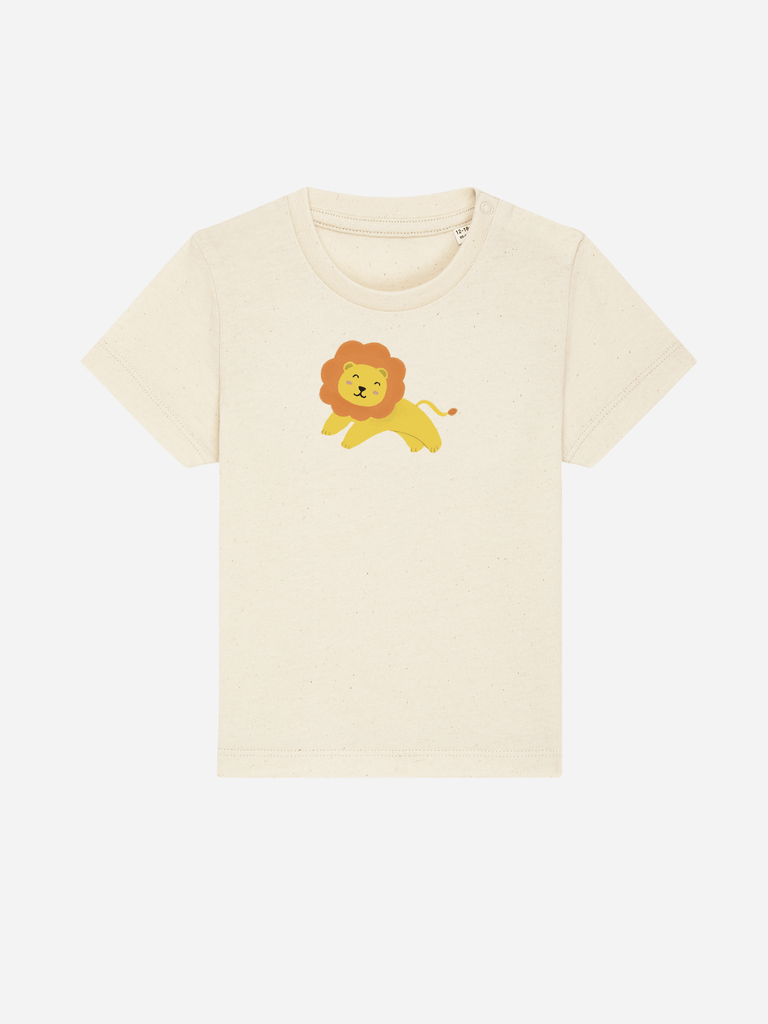 Personalisierbares Bio-T-Shirt für Kleinkinder mit Löwenmotiv, ideal als Baby-Geschenk.