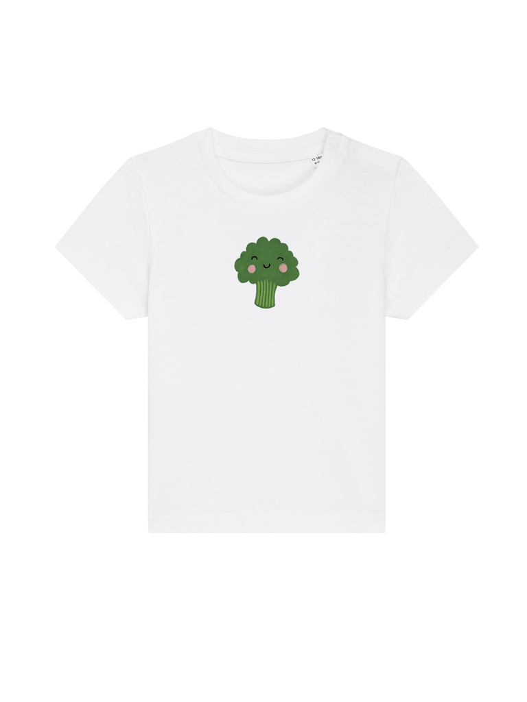 Personalisierbares Bio-T-Shirt für Babys mit grünem Brokkoli-Design, ideal für Veggiefans. 0–3 Jahre.