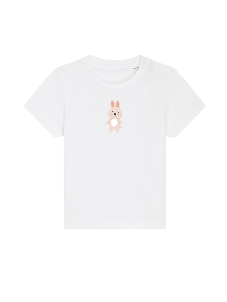 Personalisierbares Bio-T-Shirt für Kleinkinder mit süßem Hasenmotiv, ideal als kreatives Geschenk zur Taufe oder Geburt.