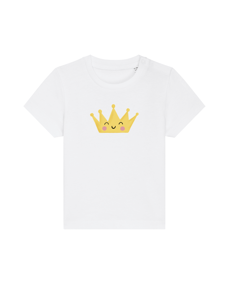 Personalisierbares Bio-T-Shirt für Kinder mit fröhlicher Krone, ideal für besondere Anlässe.