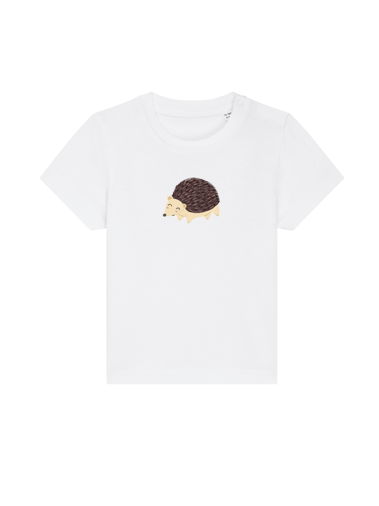 Personalisierbares Bio-T-Shirt für Babys, mit niedlichem Igel-Motiv auf weißem Hintergrund.