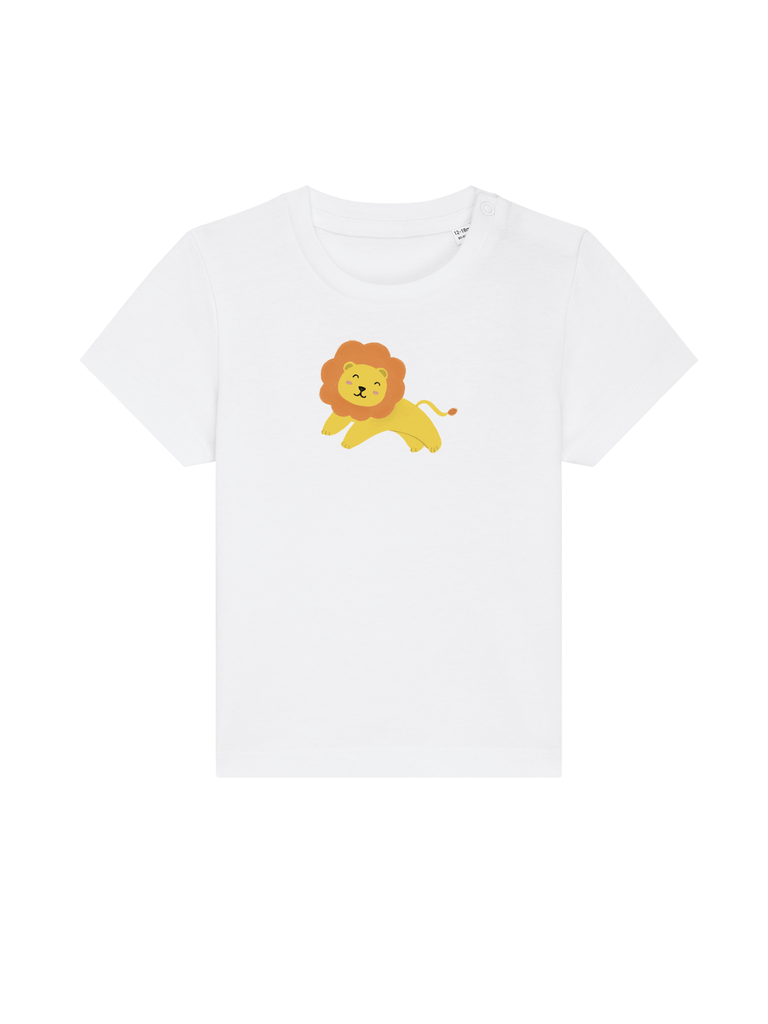Personalisierbares Bio-T-Shirt für Kinder mit einem niedlichen Löwen-Motiv, ideal für Sommeroutfits.