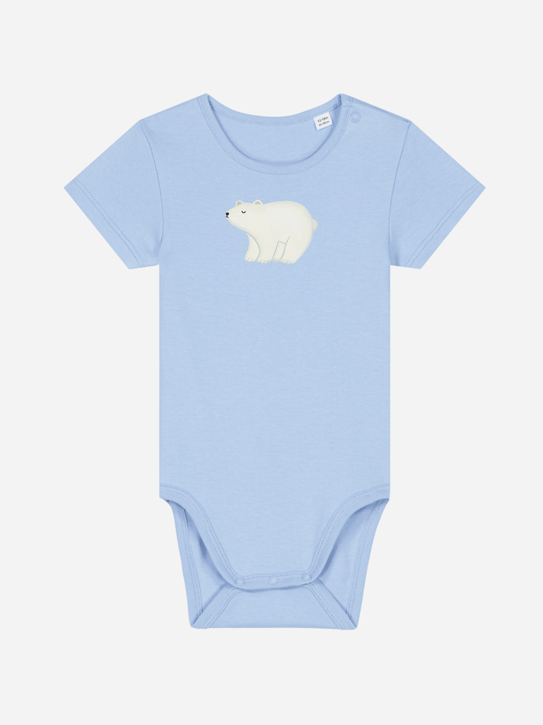 Personalisierter blauer Baby-Body mit Eisbär-Motiv für Kinder von 0 bis 2 Jahren.