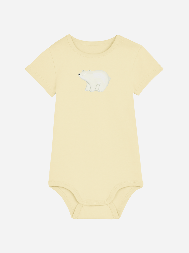 Personalisierter Baby-Body in Gelb mit Eisbär-Motiv für winterliche Abenteuer.