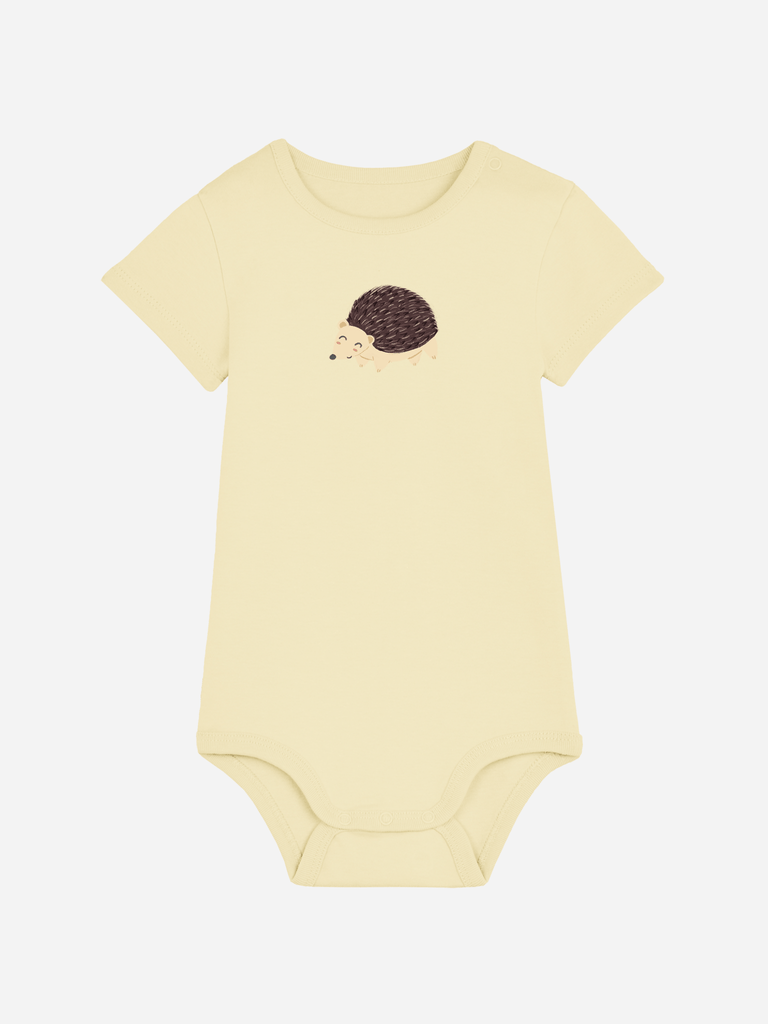 Personalisierter Baby-Body in Gelb mit Igel-Motiv, ideal als originelles Geschenk zur Geburt.