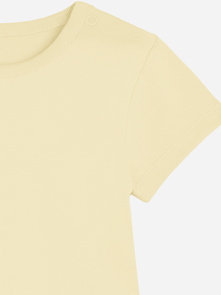 Personalized baby bodysuit in soft yellow, ideal for playful infants aged 0-2 years.