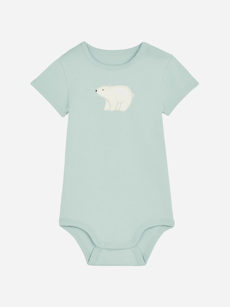 Personalisierter Baby-Body in Mintgrün mit einem niedlichen Eisbär-Motiv für Kinder von 0-2 Jahren.