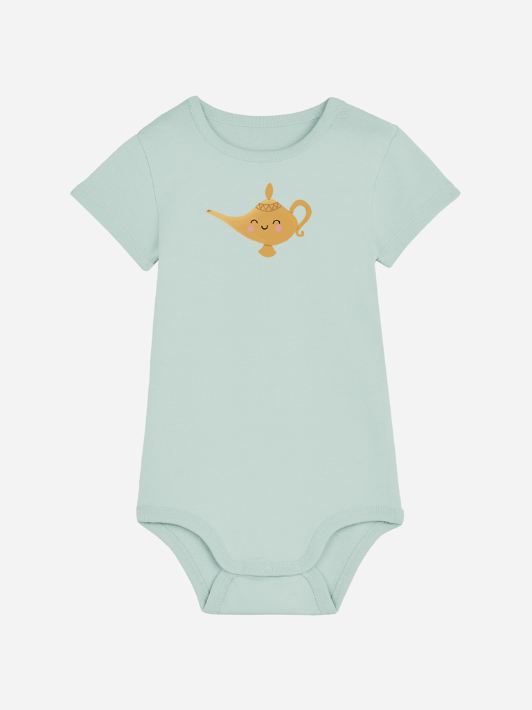 Personalisierter Baby-Body mit zauberhaftem Wunderlampe-Motiv für Neugeborene bis 2 Jahre.
