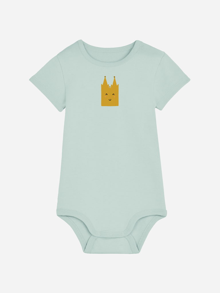 Personalisierter Baby-Body in mintgrün mit fröhlichem 'Dom'-Motiv für Kölner Babys.