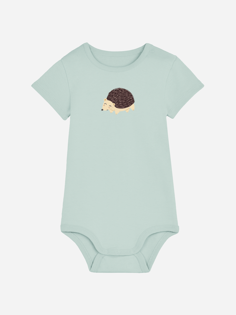 Personalisierter Baby-Body in Mintgrün mit Igel-Motiv, ideal als Geschenk zur Geburt für Babys von 0 bis 2 Jahren.
