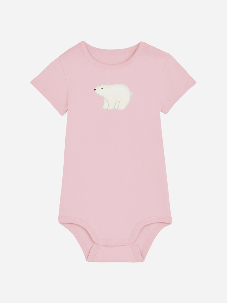 Personalisierter Baby-Body in Rosa mit niedlichem Eisbären-Motiv, ideal als Weihnachtsgeschenk.