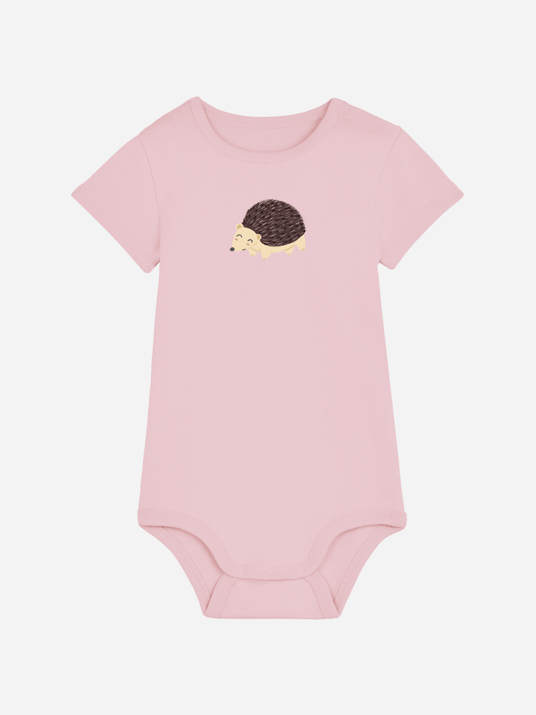 Personalisierter Baby-Body in Rosa mit Igel-Motiv, ideal als einzigartiges Geschenk zur Geburt.