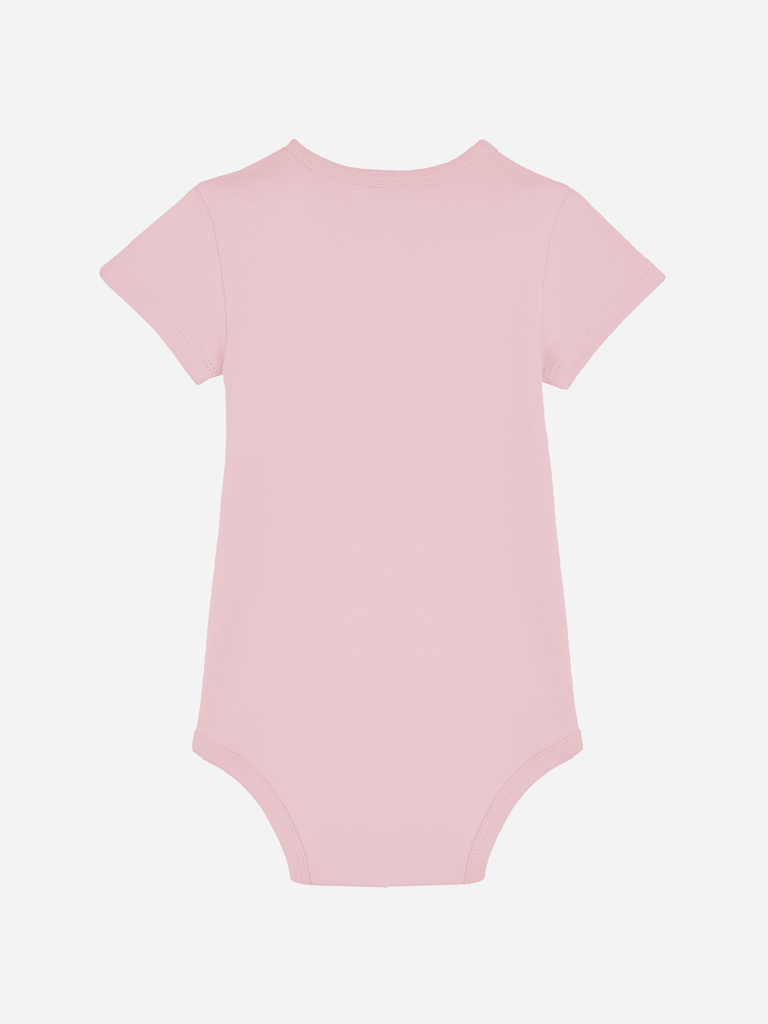 Rückansicht eines personalisierten Baby-Bodys in Rosa, ideal für Geschenke an Kölner Babys.