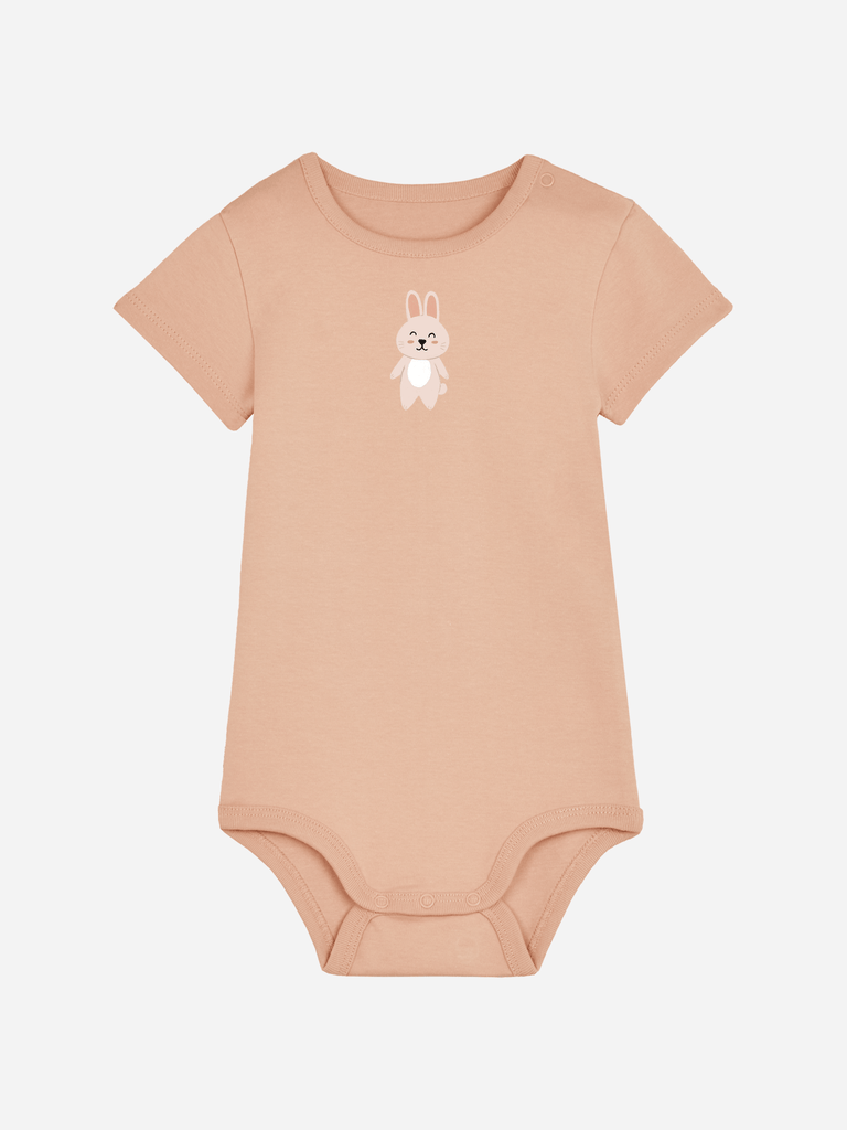 Personalisierter Baby-Body in rosa mit Hase-Motiv für 0–2 Jährige, ideales Geschenk zu Ostern und Geburt.