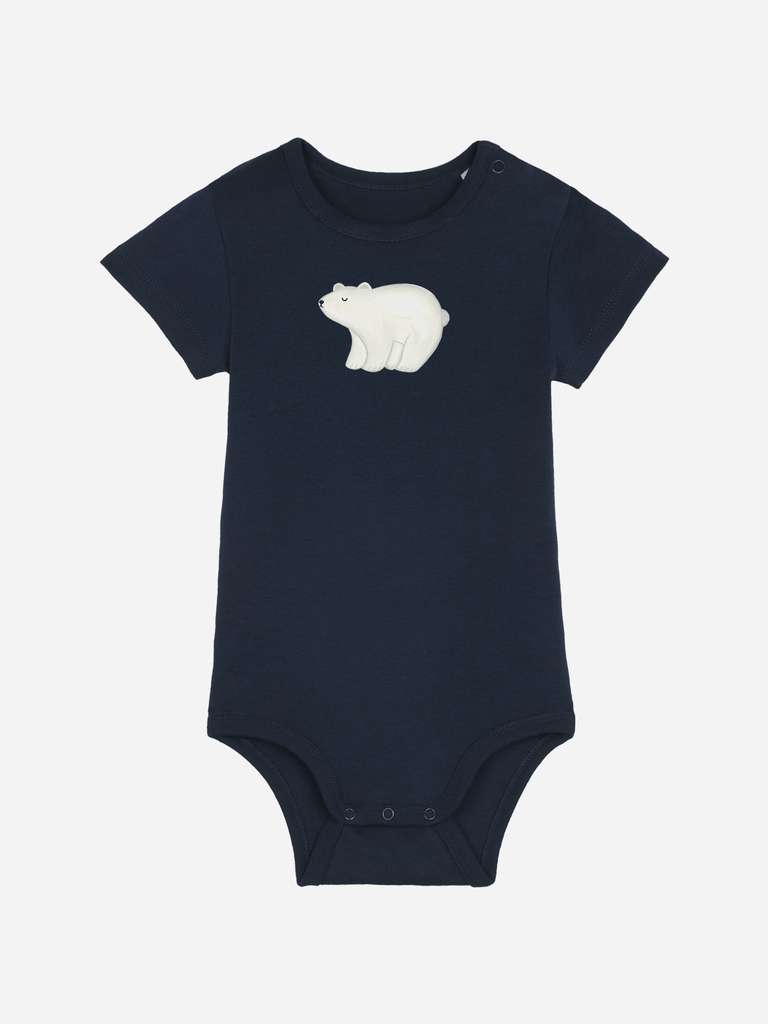 Personalisierter Baby-Body in Navy mit Eisbär-Motiv für winterliche Abenteuer und als persönliches Weihnachtsgeschenk.
