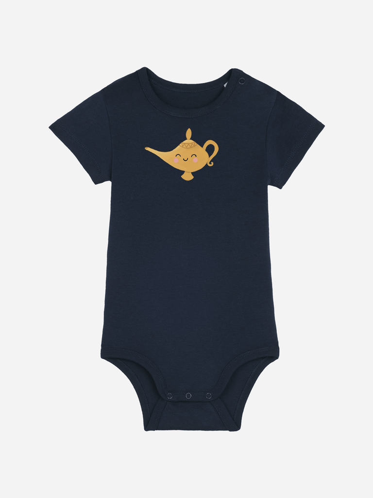 Personalisierter Baby-Body in Dunkelblau mit einem fröhlichen Wunderlampe-Motiv für 0-2 Jahre.