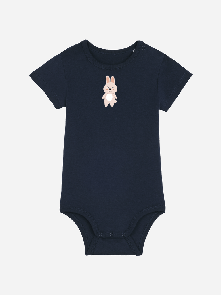 Personalisierter Baby-Body für 0-2 J. in navy mit Hase-Motiv, ideal für Ostern und zur Geburt.