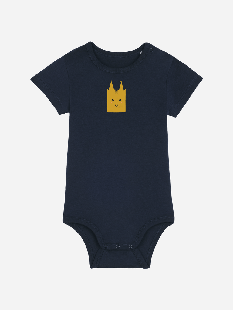 Personalisierter Baby-Body mit Dom-Motiv für Kölner Nachwuchs, aus weichem Bio-Material, ideal als Geschenk.