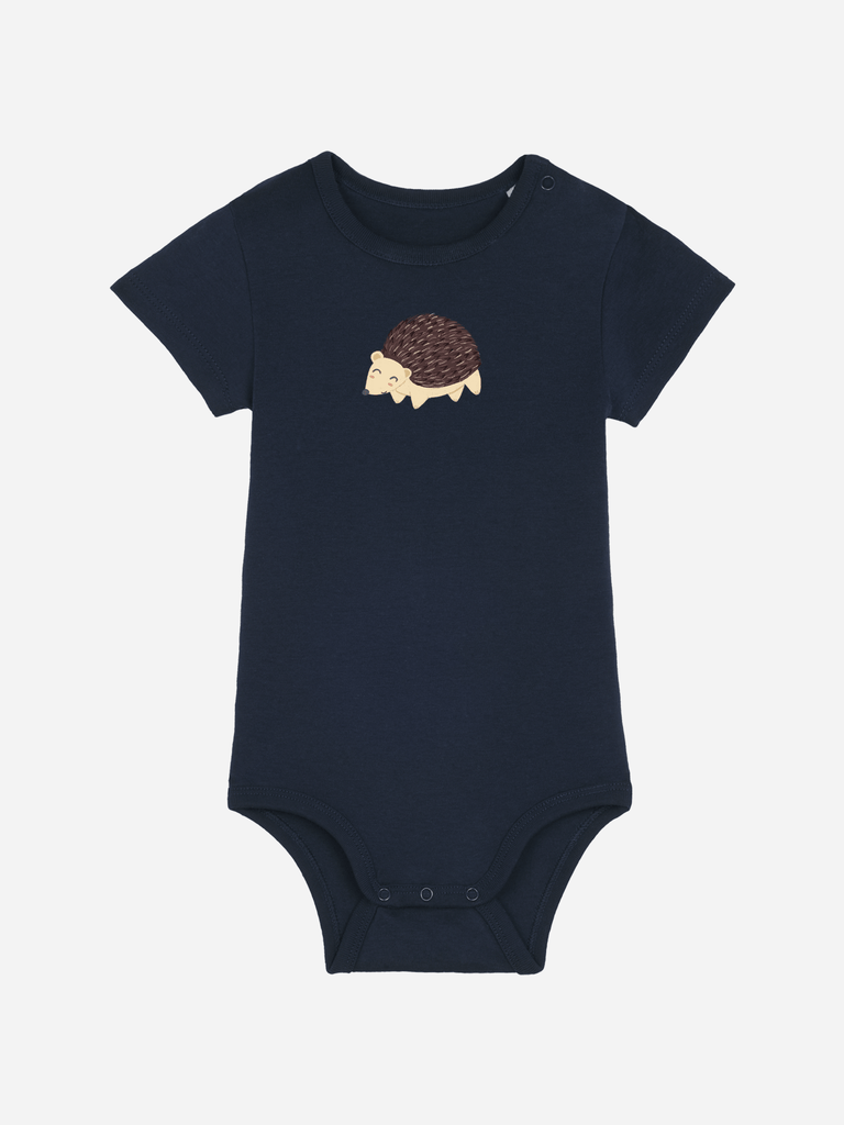 Personalisierter Baby-Body in Navy mit süßem Igel-Motiv für 0-2 Jährige als originelles Geschenk zur Geburt.
