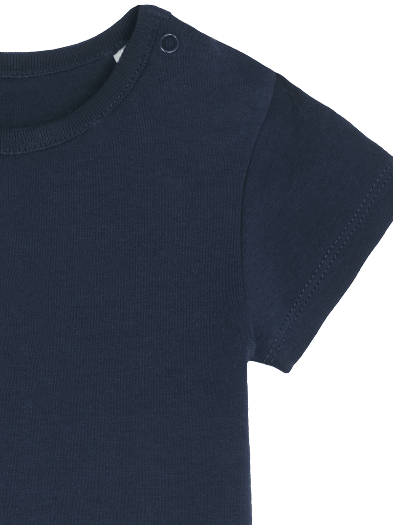 Personalisierter Baby-Body in Dunkelblau mit Druckknöpfen, ideal als Geschenk zu Ostern oder zur Geburt.