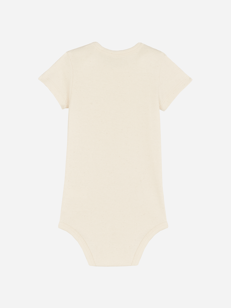 Rückansicht eines personalisierten Baby-Bodys in crème, ideal als Geschenk zur Geburt mit individuellem Text.